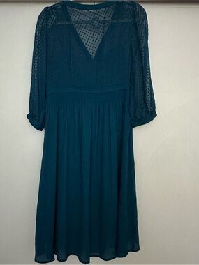 Anthropologie Deep Teal Midi Dress with Sheer Dot Sleeves